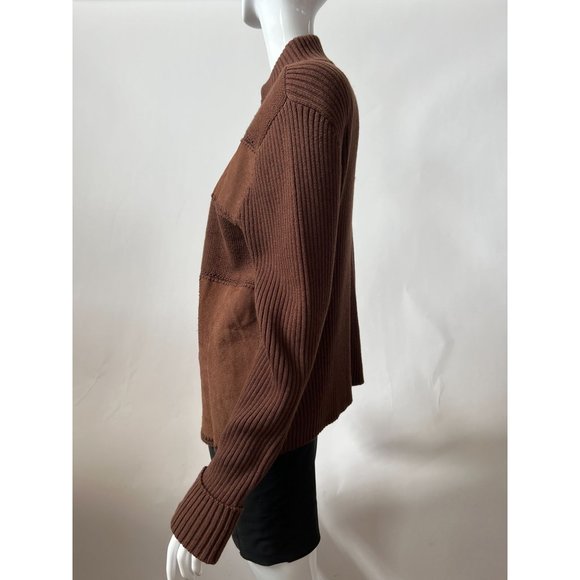Evan-Picone Suede Blocked Cardigan Sweater M Brown Cotton and Leather - Picture 6 of 15